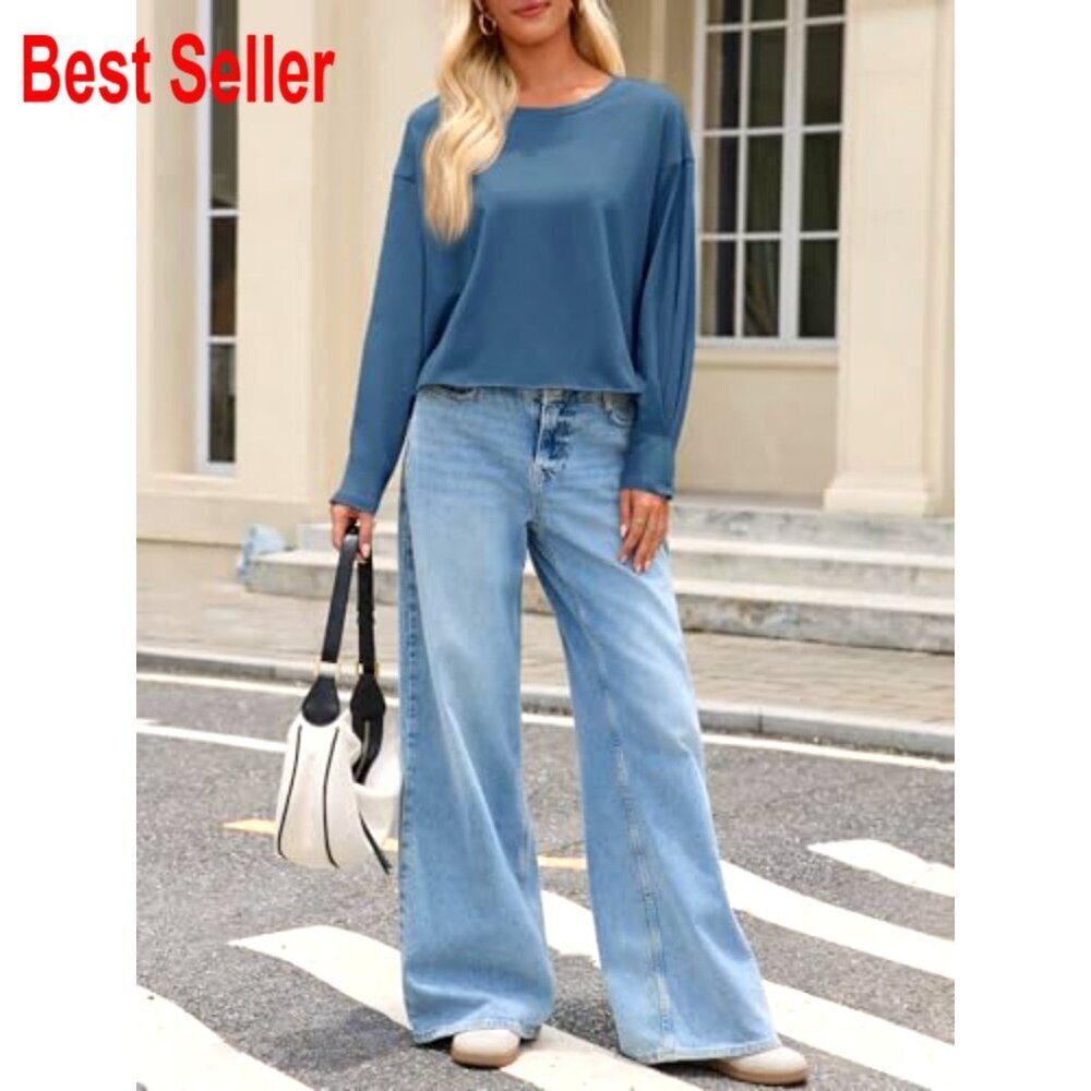 Long Sleeve Crop Top Loose Fit Crew Neck Athletic Workout Tee Shirt - Picture 3 of 7